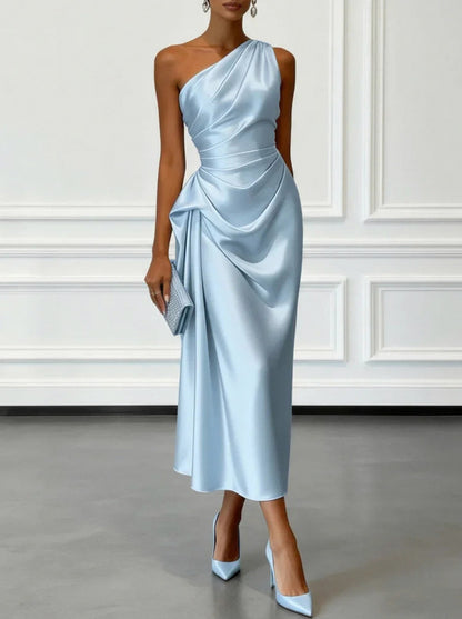 Satin One Shoulder Draped Midi Dress