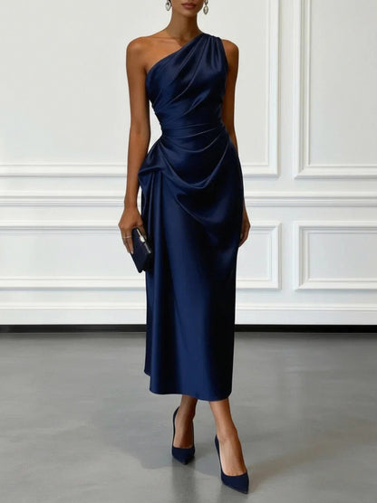 Satin One Shoulder Draped Midi Dress