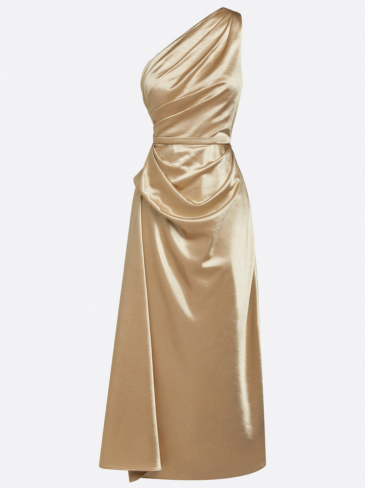 Satin One Shoulder Draped Midi Dress