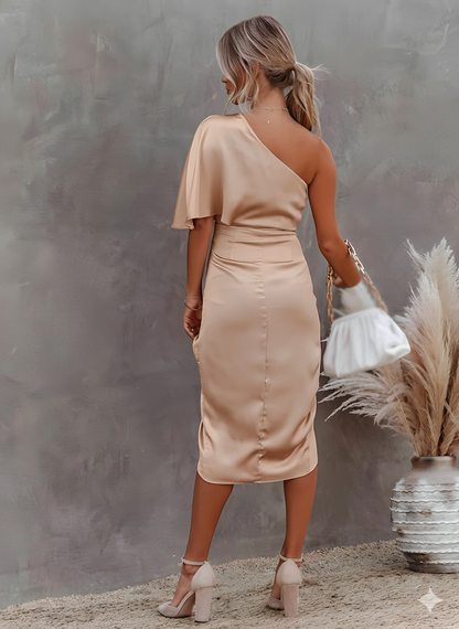 Satin One Shoulder Ruched Midi Dress