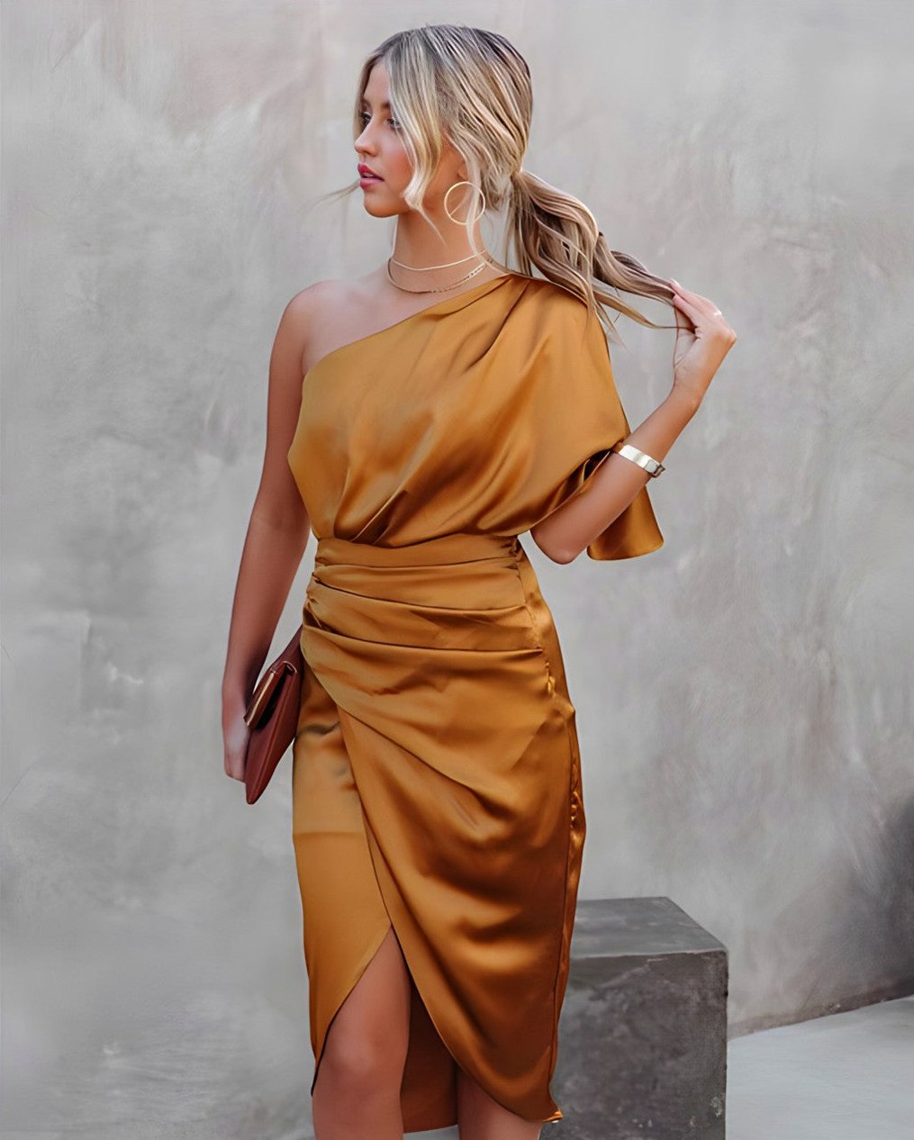 Satin One Shoulder Ruched Midi Dress