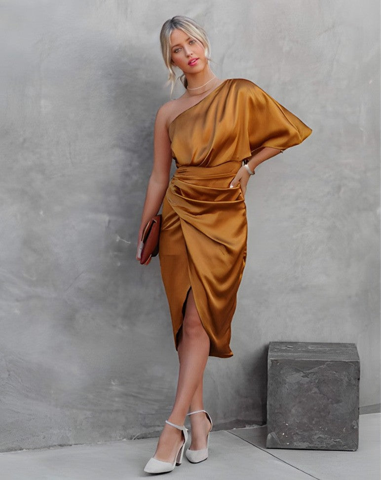 Satin One Shoulder Ruched Midi Dress