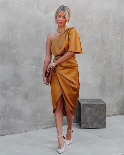 Satin One Shoulder Ruched Midi Dress