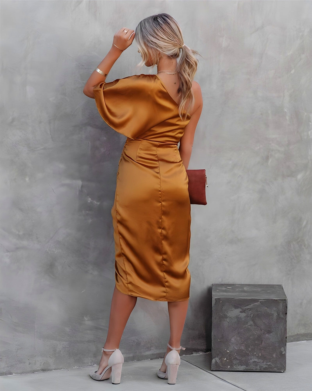Satin One Shoulder Ruched Midi Dress