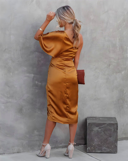 Satin One Shoulder Ruched Midi Dress