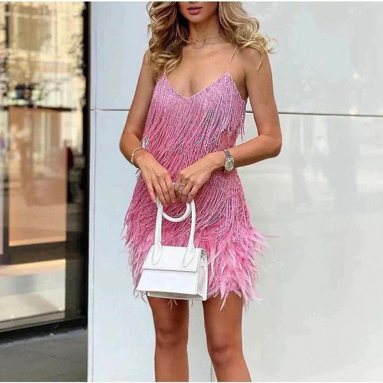 Sequin Fringe Feather Mini Dress