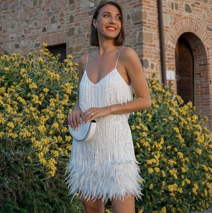 Sequin Fringe Feather Mini Dress