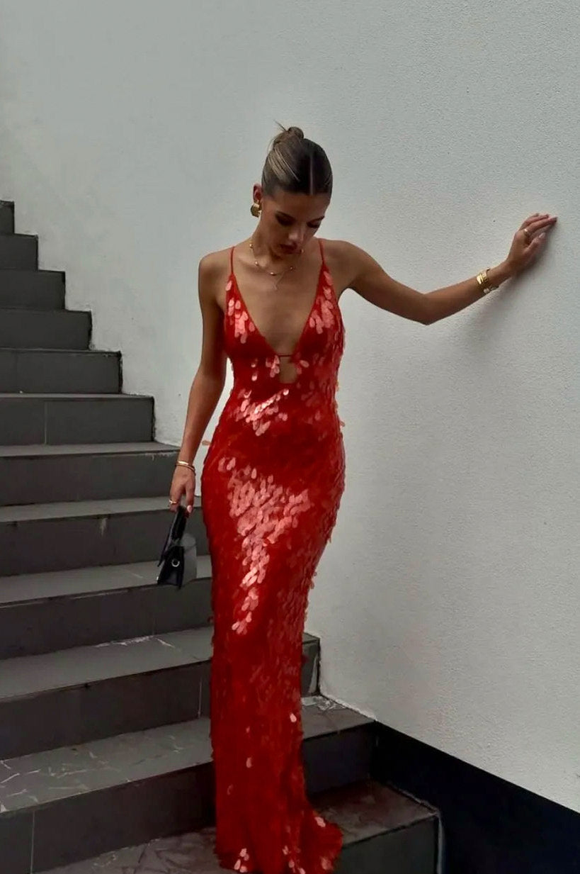 Sequin Plunge Backless Maxi Dress