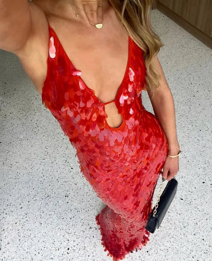 Sequin Plunge Backless Maxi Dress