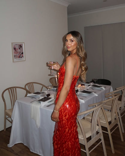 Sequin Plunge Backless Maxi Dress