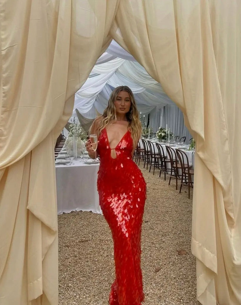 Sequin Plunge Backless Maxi Dress