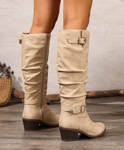 Slouchy Buckle Knee High Boots