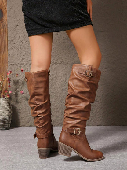 Slouchy Buckle Knee High Boots