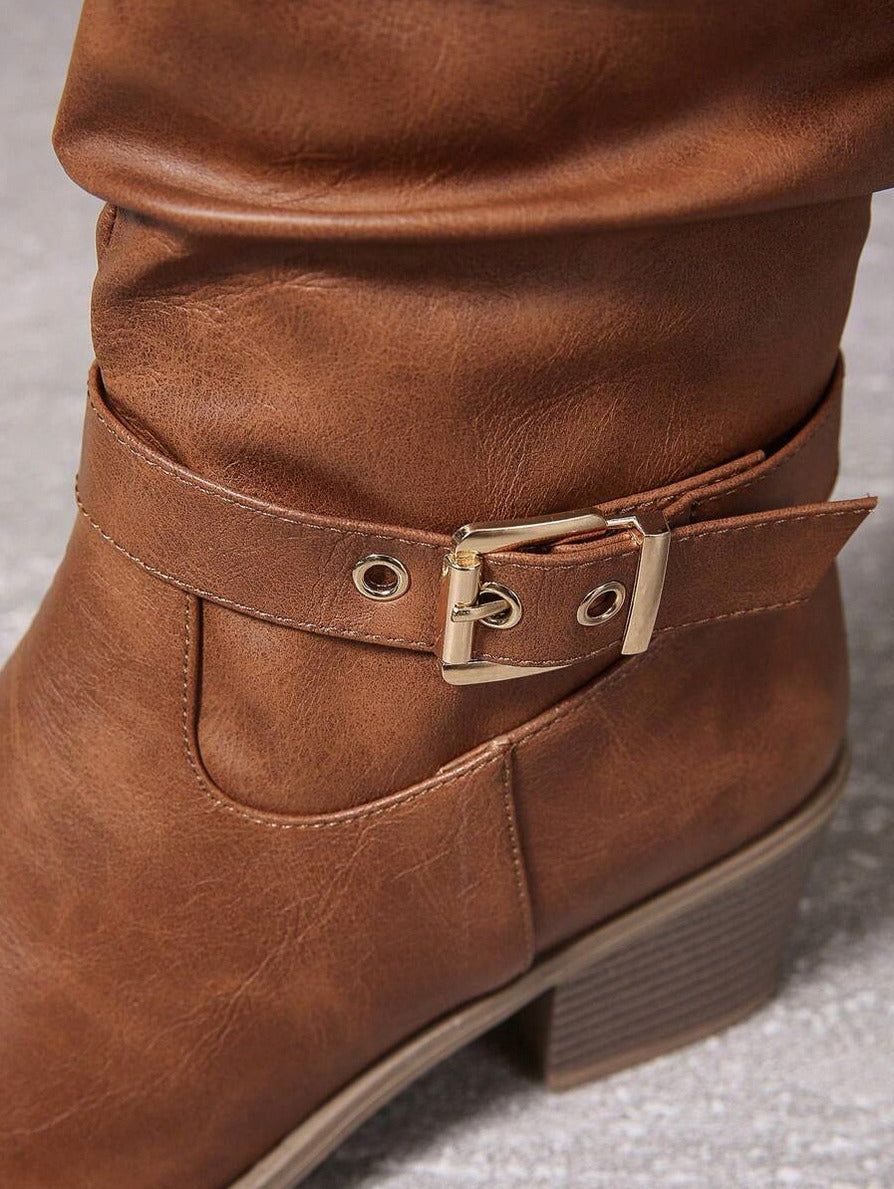 Slouchy Buckle Knee High Boots