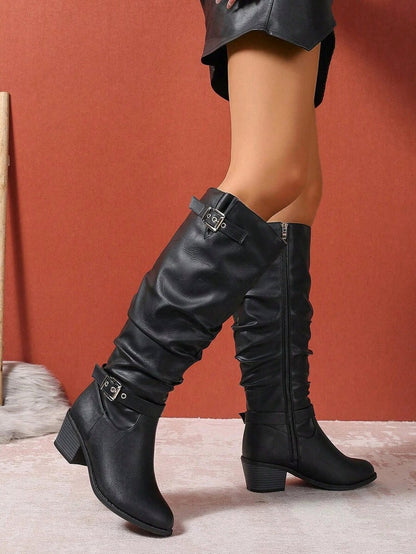 Slouchy Buckle Knee High Boots