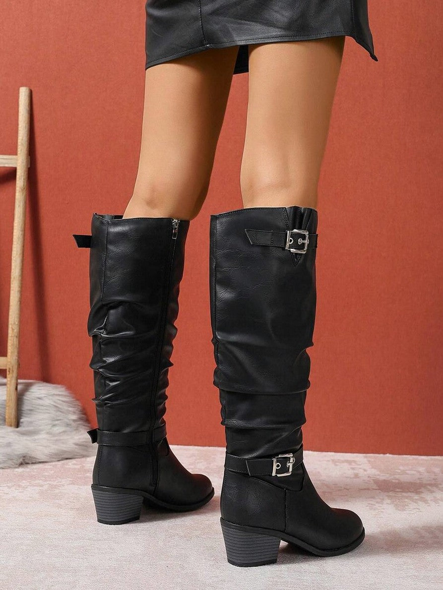 Slouchy Buckle Knee High Boots