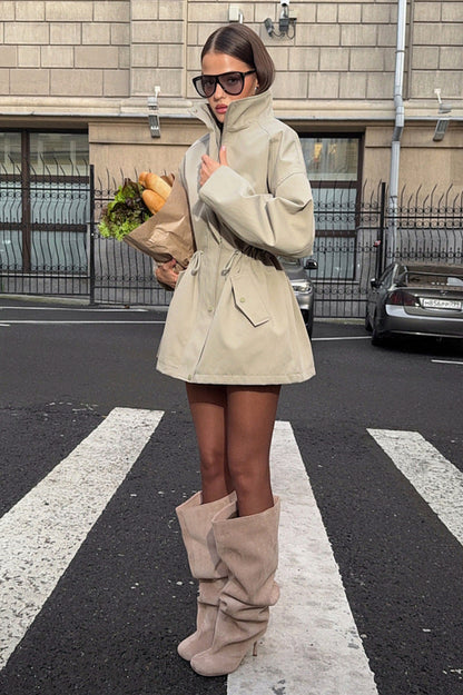 Stand Collar Drawstring Snap Jacket