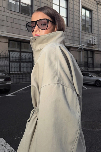 Stand Collar Drawstring Snap Jacket