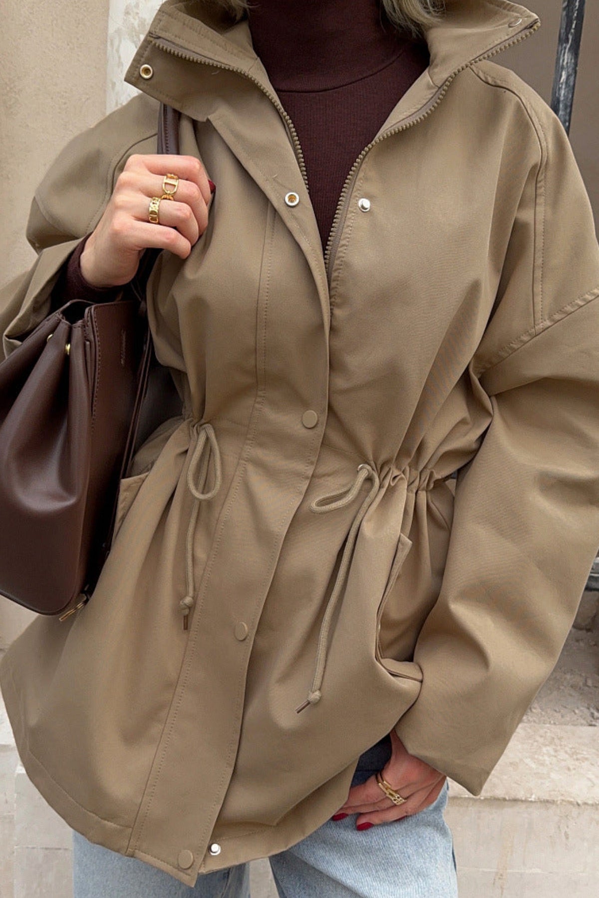 Stand Collar Drawstring Snap Jacket