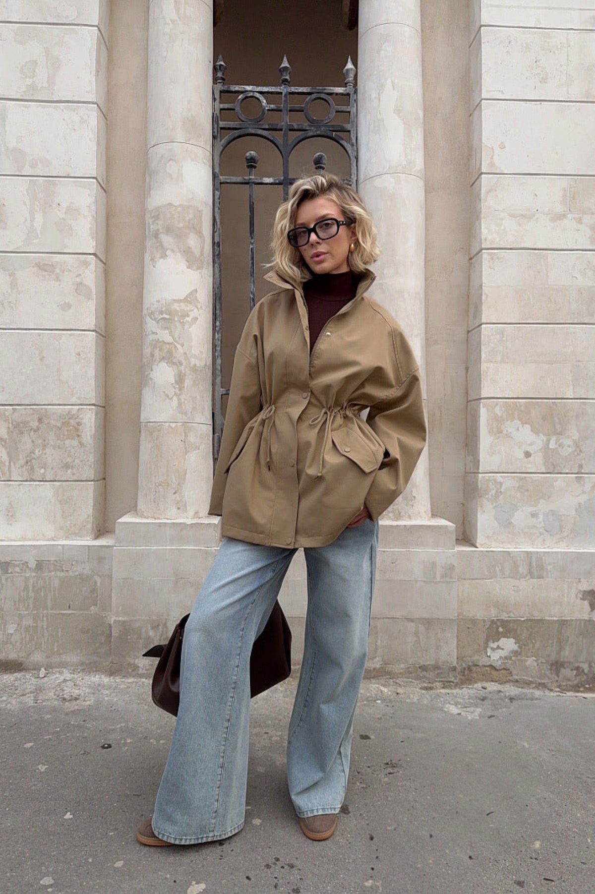 Stand Collar Drawstring Snap Jacket