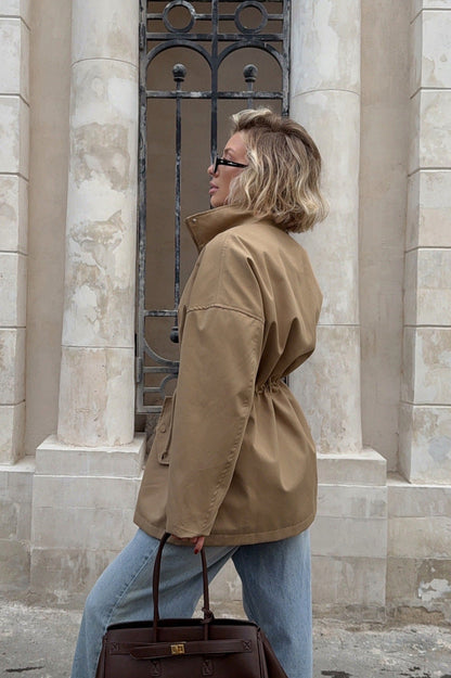 Stand Collar Drawstring Snap Jacket
