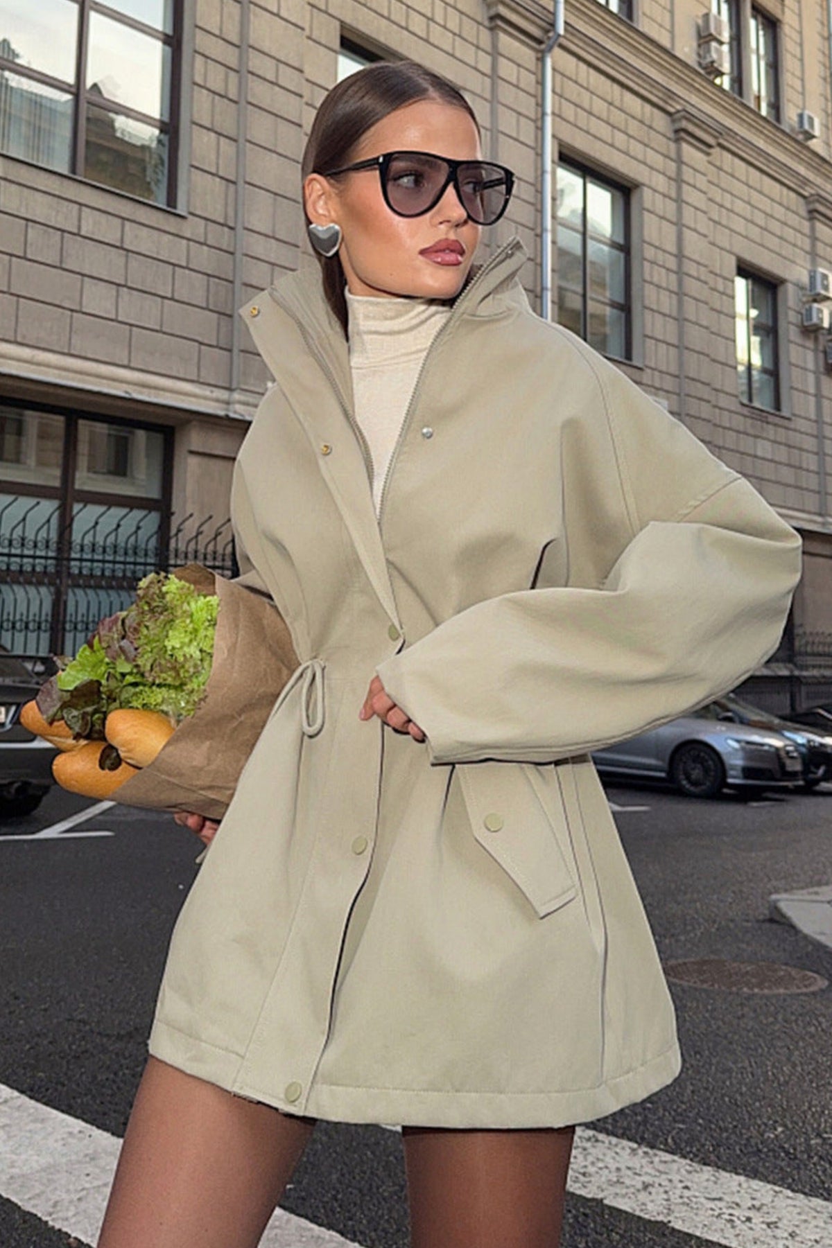 Stand Collar Drawstring Snap Jacket