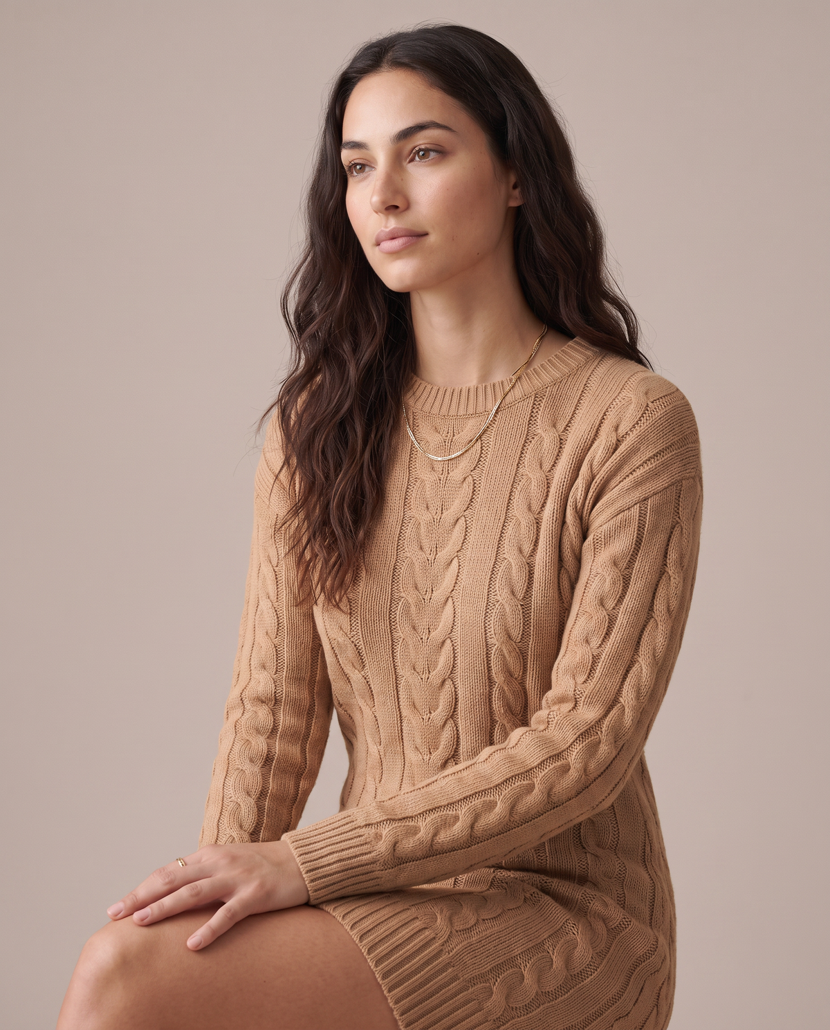 IBIANCO camel cable-knit dress, brand story portrait