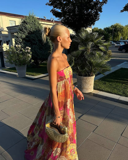 Strapless Babydoll Pleated Maxi Dress