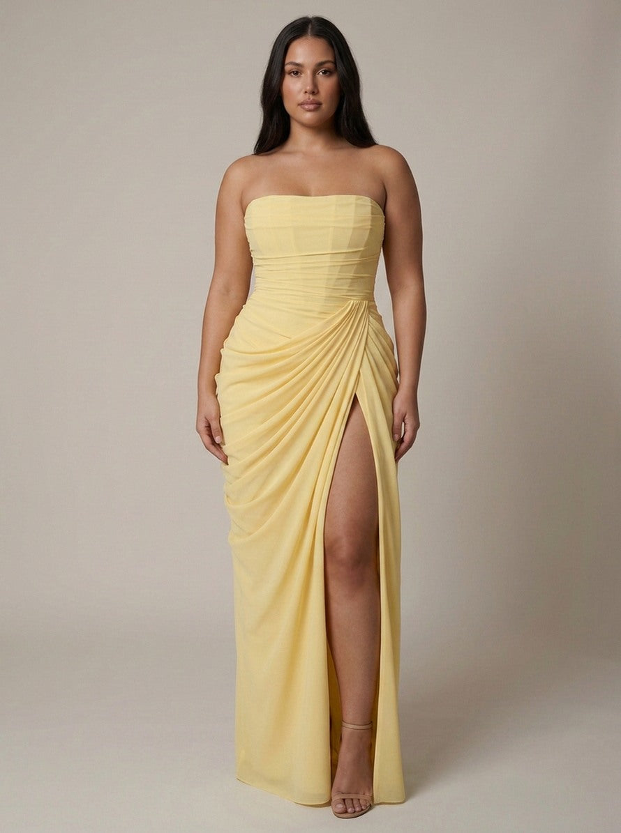 Strapless Ruched Draped Maxi Dress