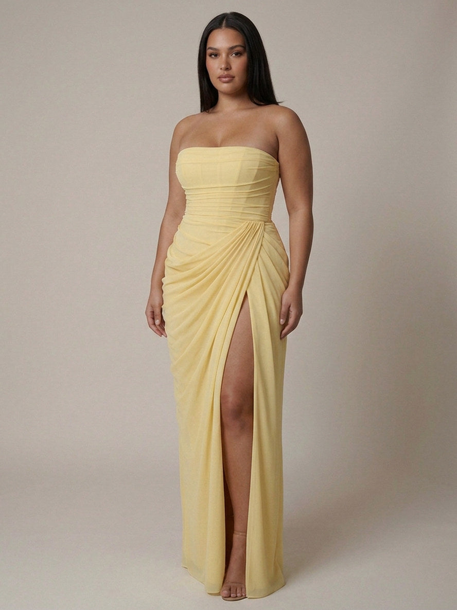 Strapless Ruched Draped Maxi Dress
