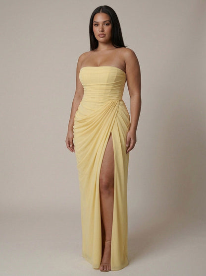 Strapless Ruched Draped Maxi Dress