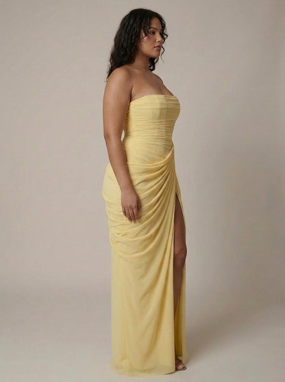 Strapless Ruched Draped Maxi Dress