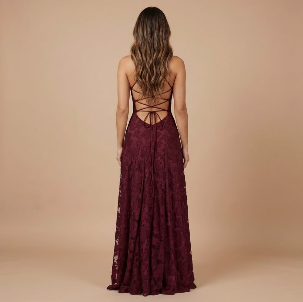 Strapless Ruched Lace Maxi Dress