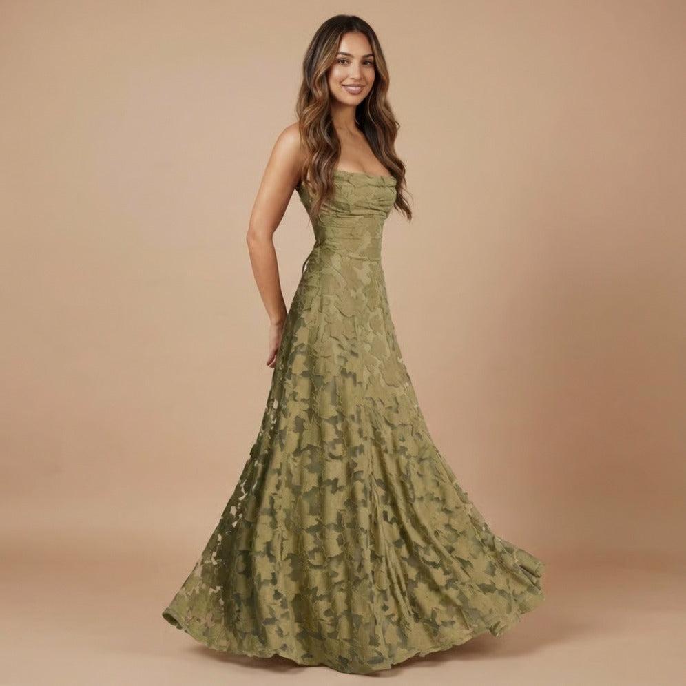 Strapless Ruched Lace Maxi Dress