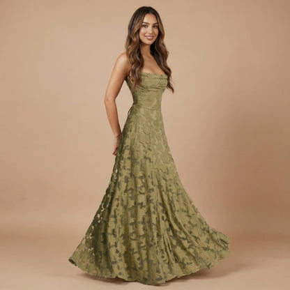 Strapless Ruched Lace Maxi Dress