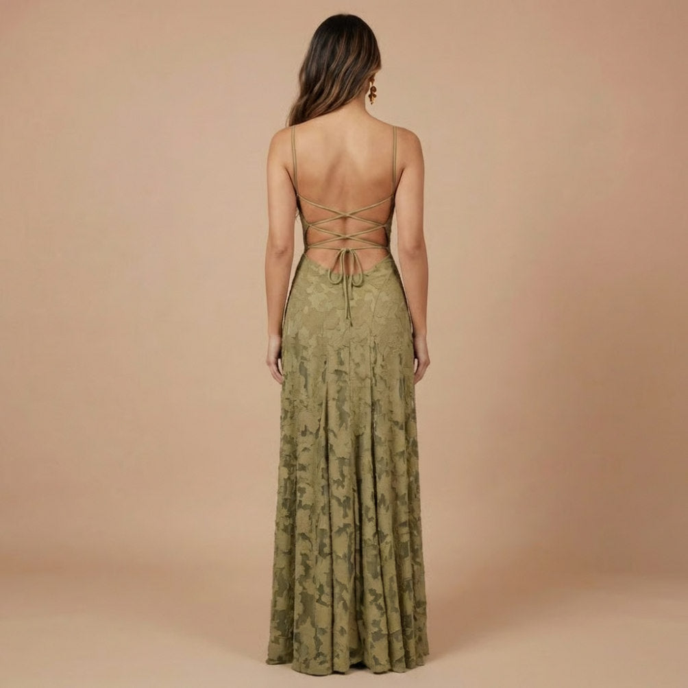 Strapless Ruched Lace Maxi Dress