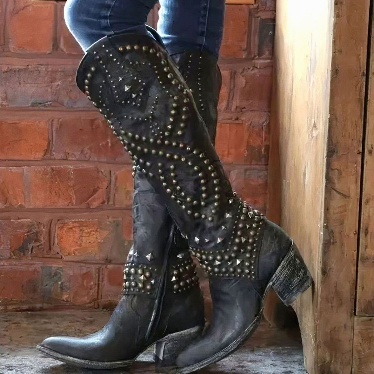 Studded Western Knee High Boots