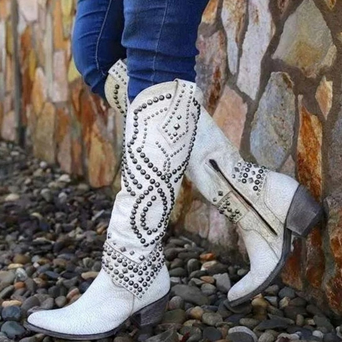 Studded Western Knee High Boots