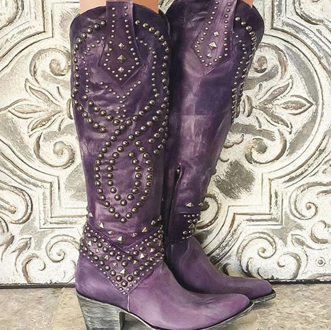 Studded Western Knee High Boots