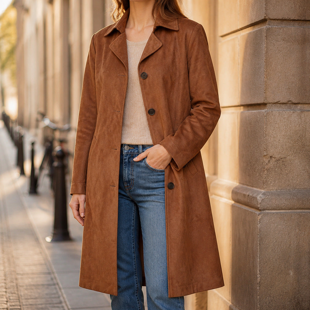 Suede Button Front Trench Coat