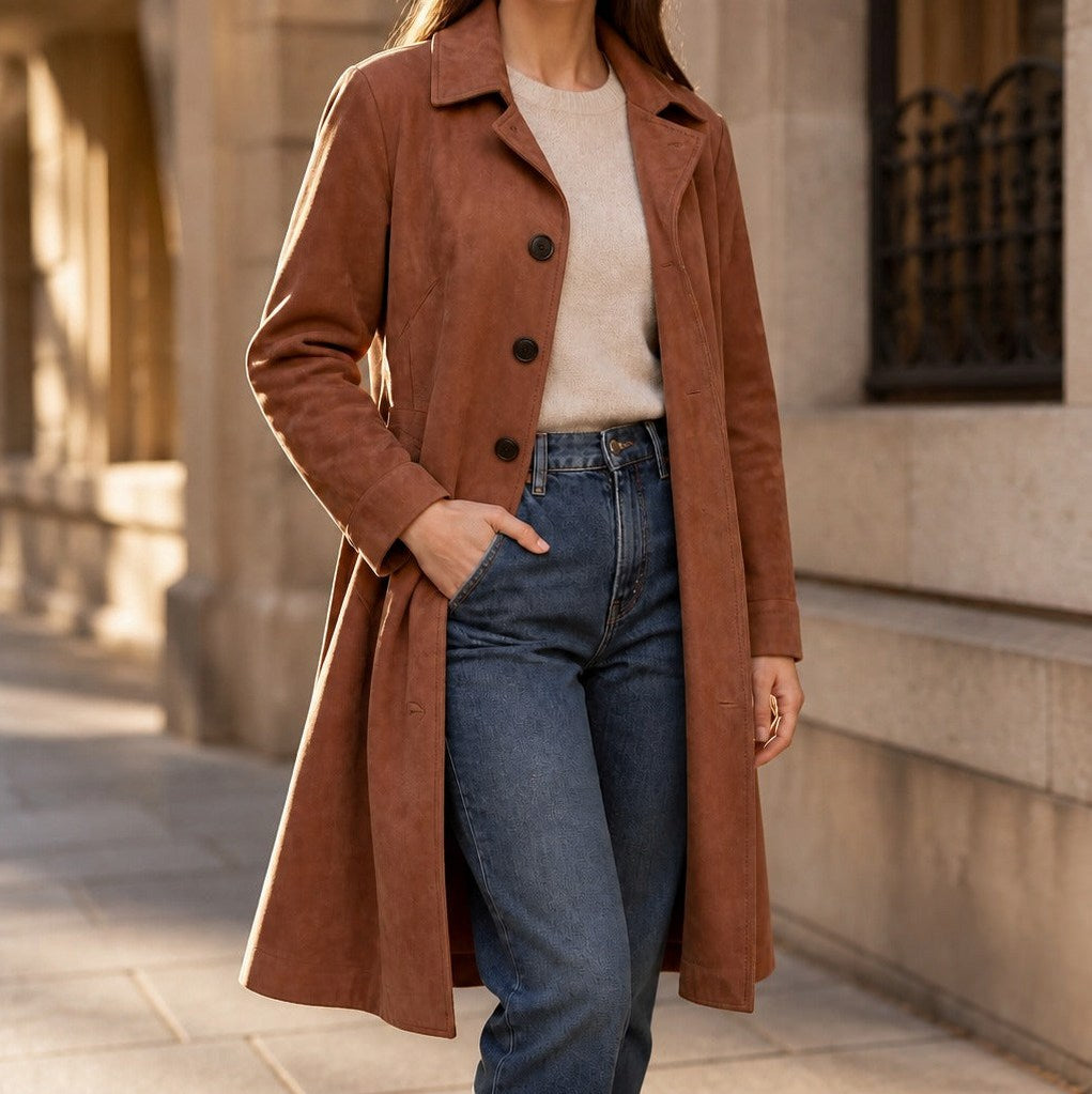 Suede Button Front Trench Coat