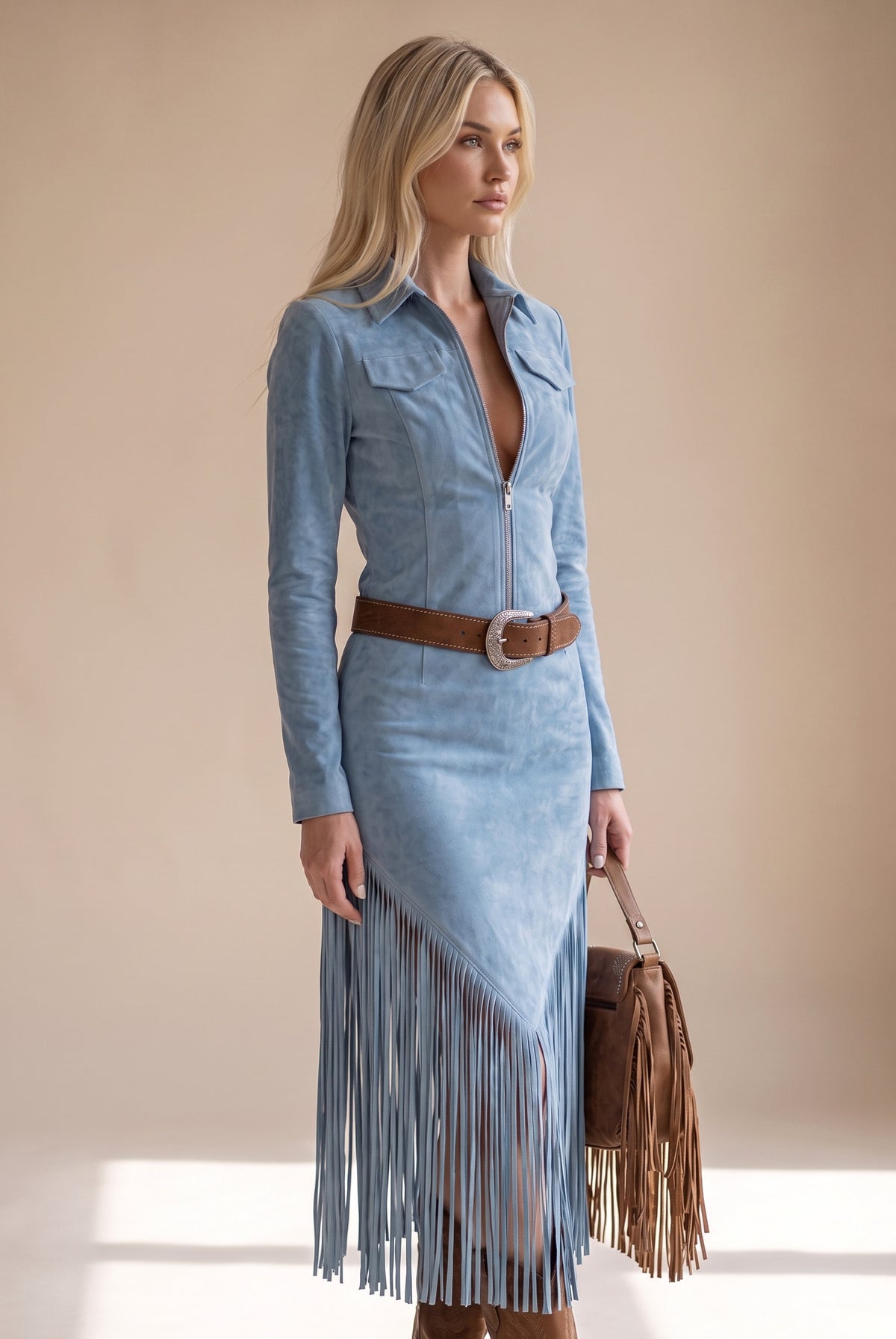 Suede Fringe Belted Midi Dress