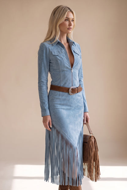 Suede Fringe Belted Midi Dress