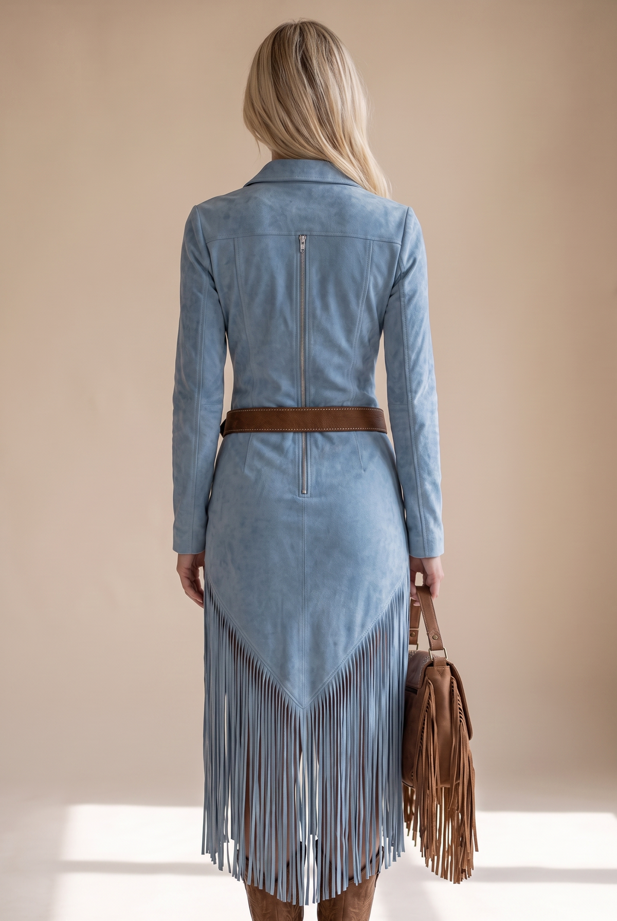 Suede Fringe Belted Midi Dress