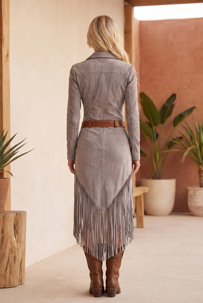 Suede Fringe Belted Midi Dress