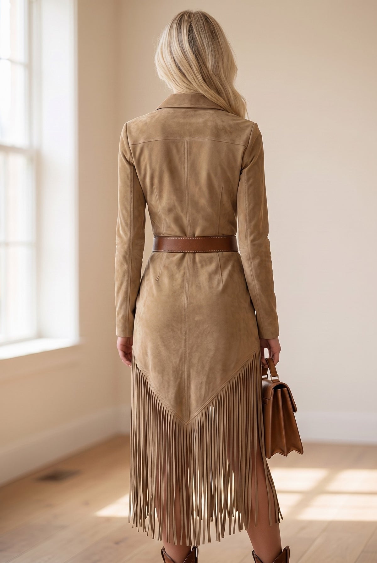 Suede Fringe Belted Midi Dress
