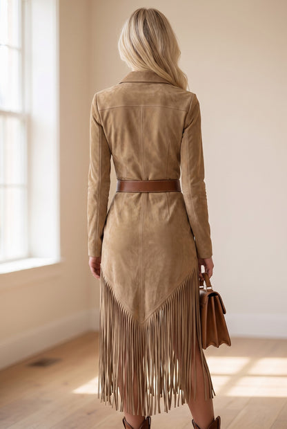 Suede Fringe Belted Midi Dress