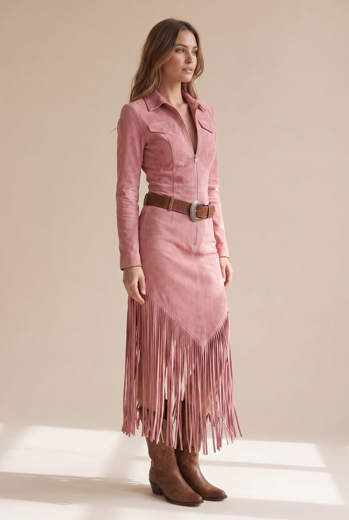 Suede Fringe Belted Midi Dress