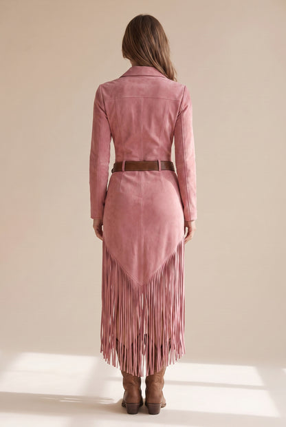 Suede Fringe Belted Midi Dress