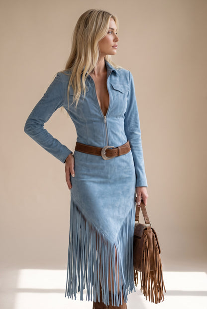Suede Fringe Belted Midi Dress